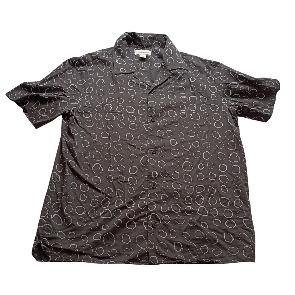 Calvin Klein Button Up Men's Circle Print Camp Collar Grey Size M Casual Shirt